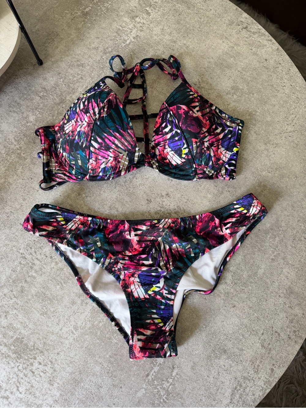 Victoria's Secret PINK White Lined Multicolor Trim Bikini Bottom